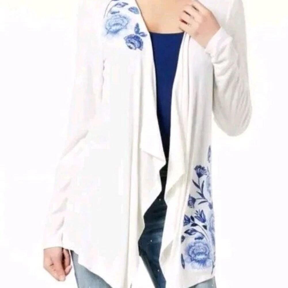 INC International Concepts Cardigan Floral Embroidered Draped White Blue Womens